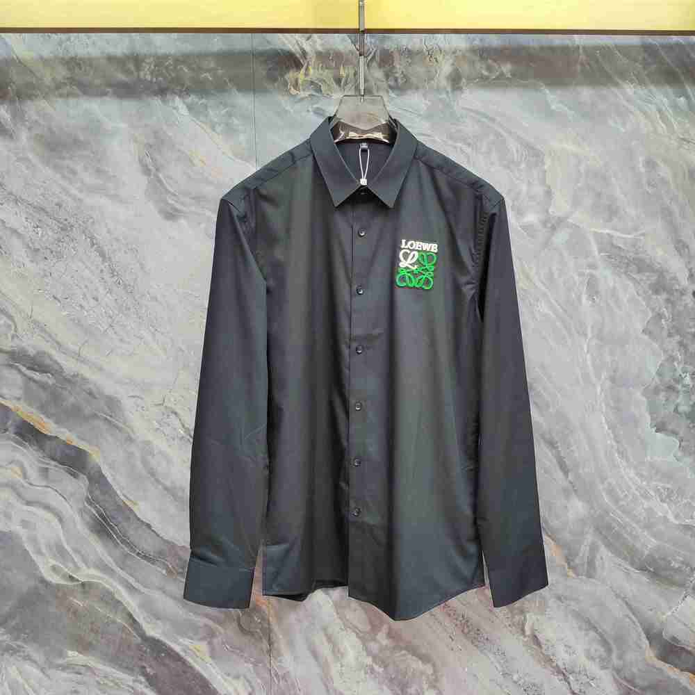 LOEWE Black Shirt Chest White Green Letter Anagram Embroidery